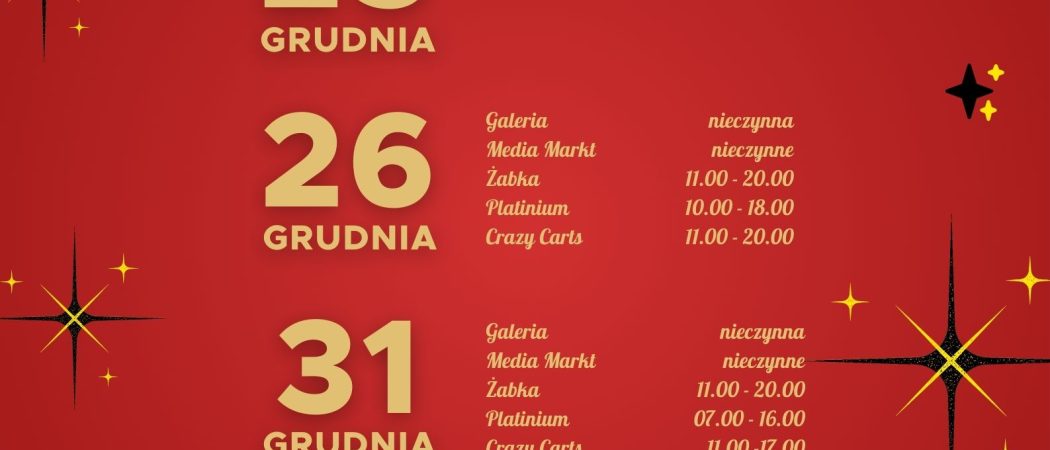Godziny otwarcia w okresie świątecznym.
